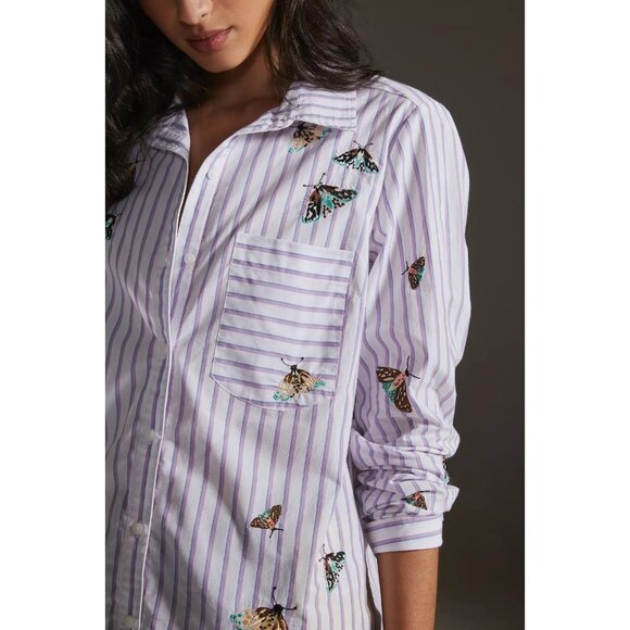 MAEVE Striped Embroidered Butterfly cotton Poplin Button Down Shirt, Size XS - Picture 3 of 13
